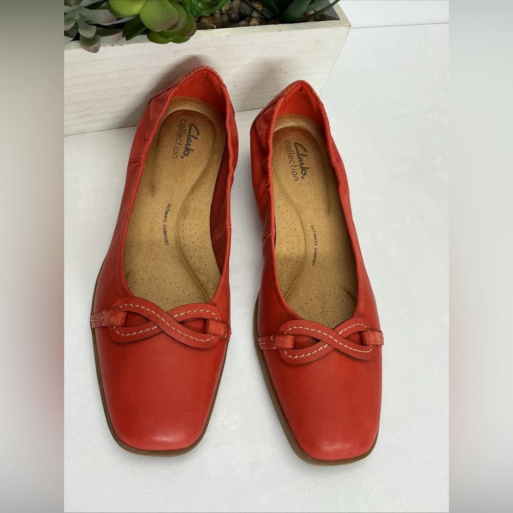 Clarks Red Leather Slip-On Knot Detail Flats
